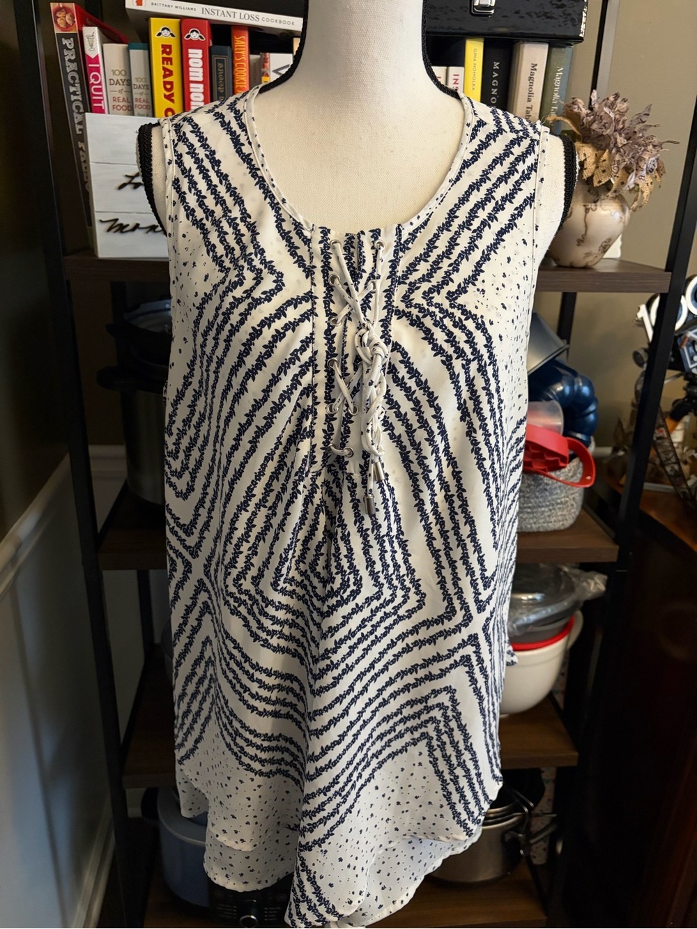 Fever White & Navy Patterned Lace Up Tank